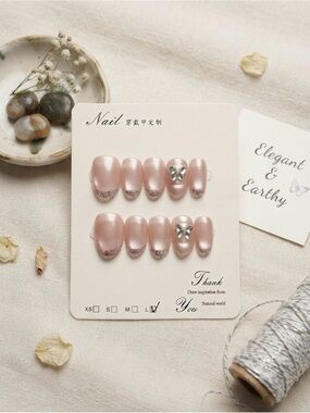 Pearl Pink Press-On Nail Set with Rhinestone Accent